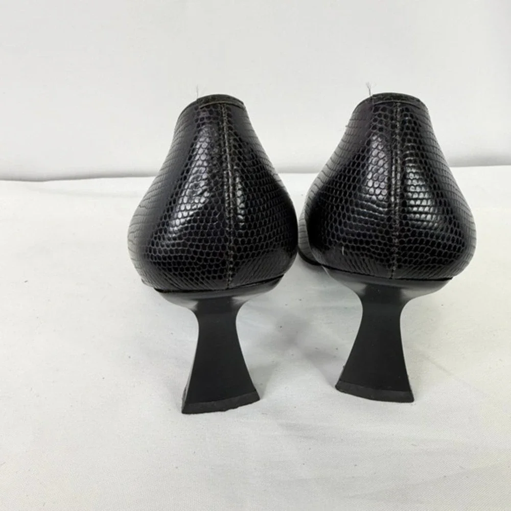 Classiques‎ Entier Black Lizard Embossed Leather Pumps Flared Heel Italy 7M